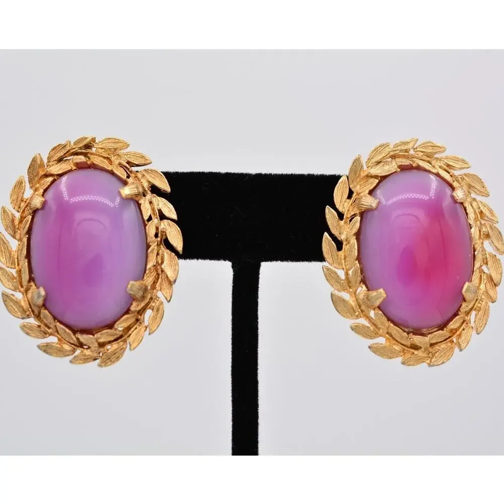 Judy Lee Vintage Cabochon Clip On Earrings Pink Gold Chunky Signed 1980s BinAZ
